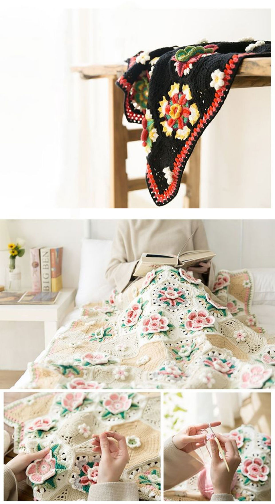 Frida flower pattern blanket,handmade DIY,crochet blanket,cotton thread,material package