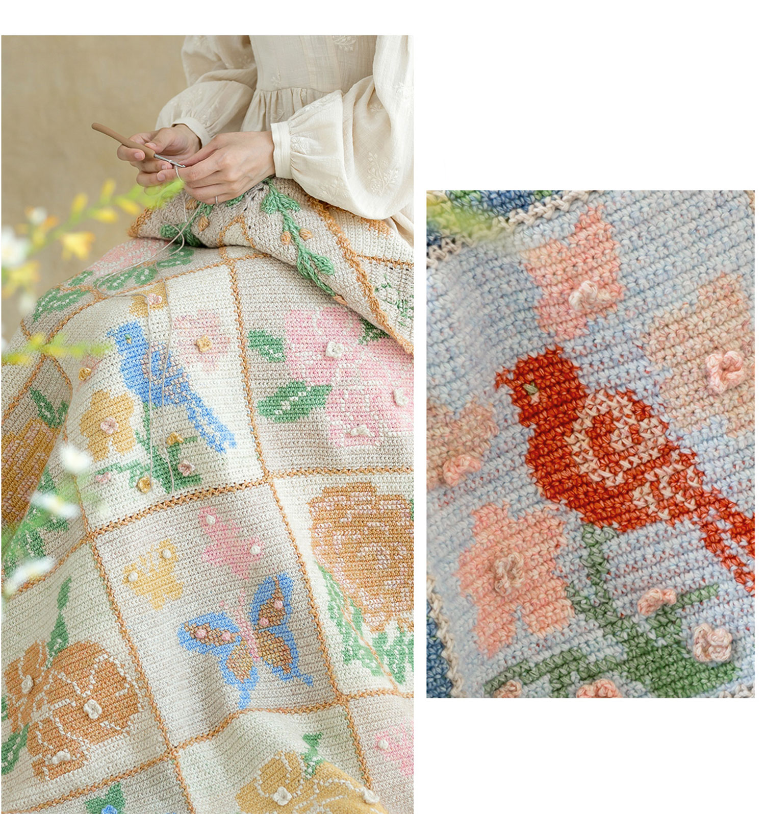 Peony Spring,Peach,Blossom,Butterfly,Magpie,Crochet,Jacquard Blanket,DIY Crochet,Homemade Blanket,Material Pack